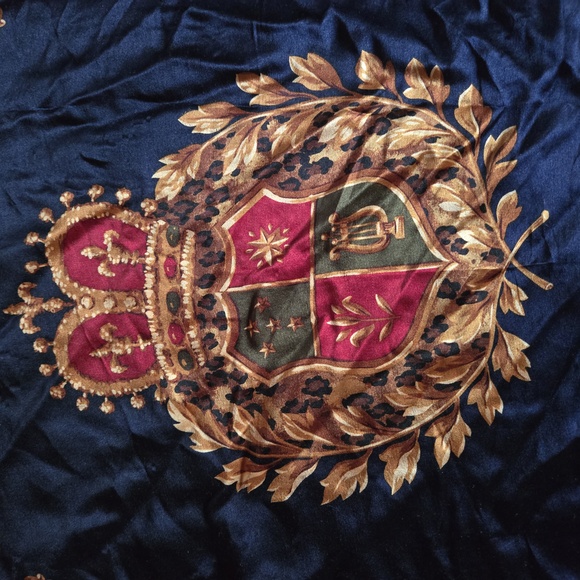 Talbots navy blue regal print silk neck scarf with animal print trim - Picture 4 of 8